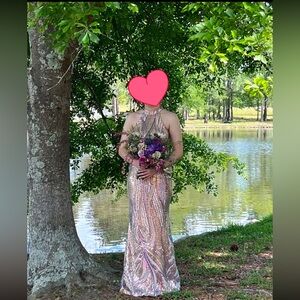 say yes to the prom gold sequined halter gown